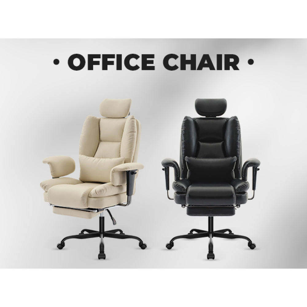 Ergonomic High-Back PU Leather Office Chair | 440 lbs Capacity | Liftable Headrest + Retractable Footrest | Double-Layer Spring Sponge + Memory Foam | Height-Adjustable Armrests | Lumbar Support | Computer, Executive Chair | Beige/Black