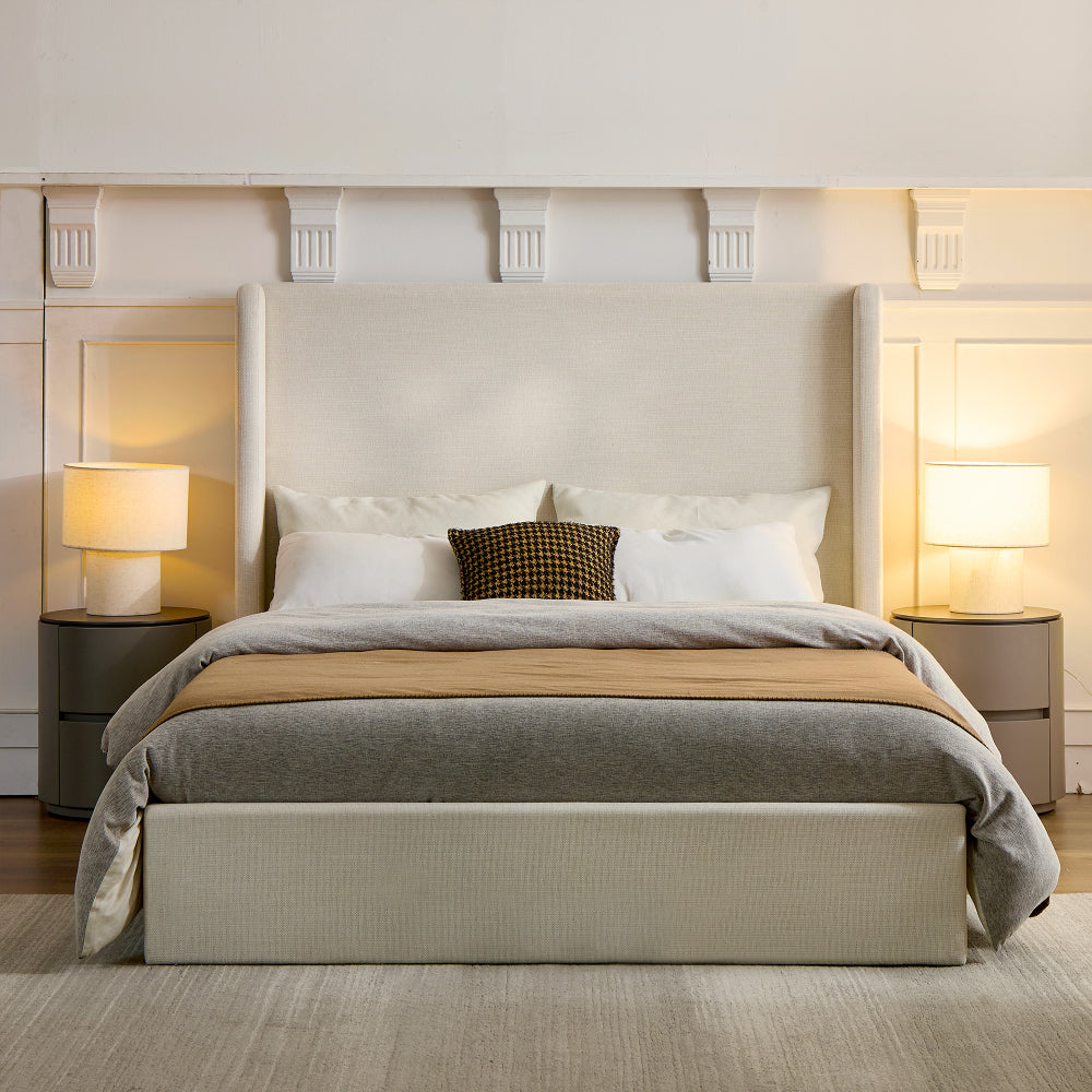 Full/Queen/King Size Upholstered Wingback Platform Bed | 51.5" Curved Headboard | Premium Canvas Fabric | 1000 lbs Heavy Duty | Eucalyptus & Metal Frame | No Box Spring | 30-Min Assembly | Ivory