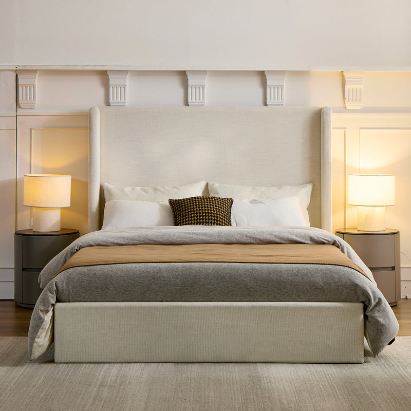 Full/Queen/King Size Upholstered Wingback Platform Bed | 51.5" Curved Headboard | Premium Canvas Fabric | 1000 lbs Heavy Duty | Eucalyptus & Metal Frame | No Box Spring | 30-Min Assembly | Ivory