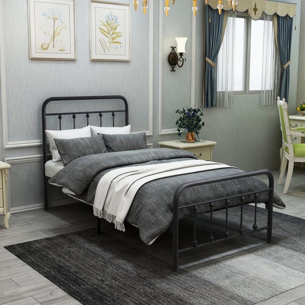 Twin/Full/Queen Size Victorian Metal Platform Bed Frame | Spindle Headboard & Footboard | 13 Slats + 9 Center Legs | 450 lbs | 10.6" Under-Bed Storage | No Box Spring Needed | Black