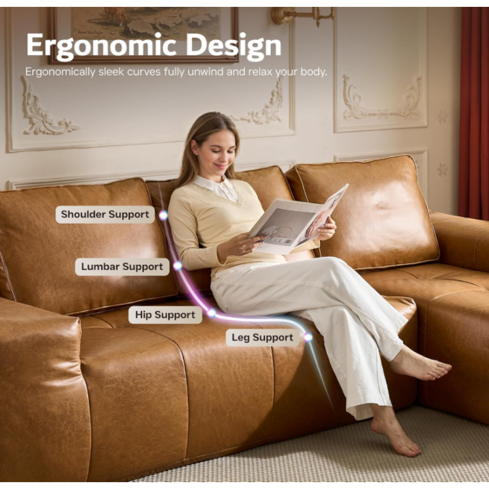 Boneless Couches for Living Room, Brown Faux Leather Cloud Sectional Couches with Chaise, Deep Seat L Shaped Modular Sofa, No Assembly Required Sofas in a Box (Left,Faux Leather,Brown)