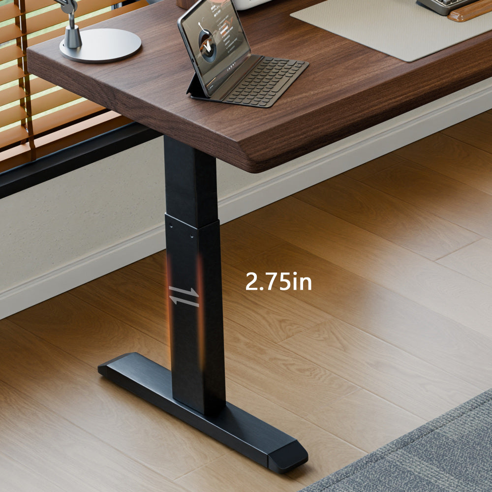 47" Solid Rubberwood Electric Standing Desk | Single Motor Height Adjustment | Sit-Stand Ergonomic Home Office Desk | Scratch-Resistant Natural Wood Top | Stable 2-Tier Steel Legs | Easy Assembly | Home Office, Living Room, Study | Walnut