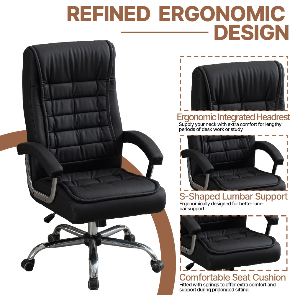 Executive High-Back PU Leather Office Chair | Spring Seat Cushion | Ergonomic Height Adjustment | Chrome Armrests | Reinforced Metal Frame | 360° Swivel | Floor-Friendly Casters | 350 lbs Capacity | Home Office | Black/Camel