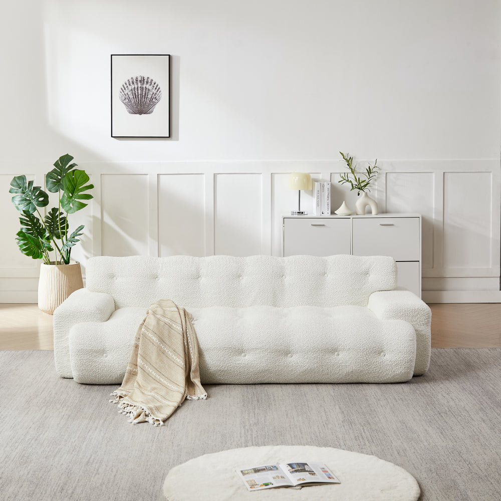 87.4" Cloud Series 3-Seat Minimalist Button-Tufted Sofa | Square Arm Chenille Upholstered Couch | High-Density Foam + Padded Backrest | No Assembly Required | Living Room, Apartment | White/Green/Black