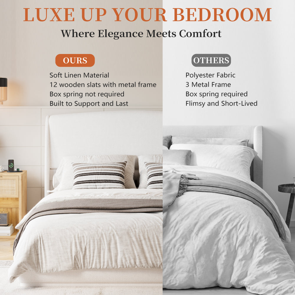 Queen Size Linen Upholstered Platform Bed | Curved Wingback Headboard | Fully Upholstered Frame | Solid Wood & Reinforced Slats | No Box Spring Needed | Easy Assembly | Beige / Brown