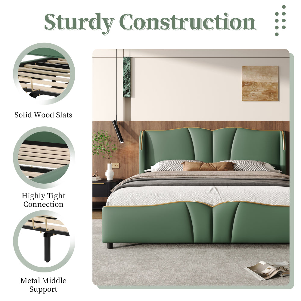 Queen Size PU Leather Wingback Platform Bed | Wave-Shaped Headboard & Footboard | 46.5" Tall Headboard | High-Resilience Sponge Fill | 800 lbs Wood Slats | No Box Spring Needed | Dark Green / Black / Antique Blue