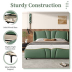 Queen Size PU Leather Wingback Platform Bed | Wave-Shaped Headboard & Footboard | 46.5" Tall Headboard | High-Resilience Sponge Fill | 800 lbs Wood Slats | No Box Spring Needed | Dark Green / Black / Antique Blue