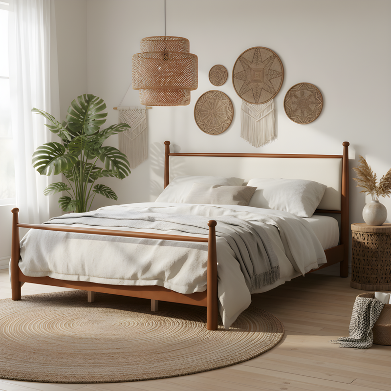 Queen/King Size Solid Poplar & Plywood Platform Bed | Soft Upholstered Headboard & Footboard | Quiet Slat Support System | Airflow Open Base | No Box Spring Needed | Easy Assembly | Beige/Walnut