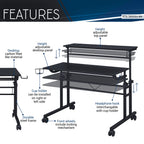 Rolling Writing Desk with Height-Adjustable Desktop | Moveable Riser Shelf | Front Locking Wheels | Integrated Cup & Headphone Holders | Carbon Fiber-Like Particle Board Top | 110 lbs Capacity | 5-Year Warranty | Home Office | Black