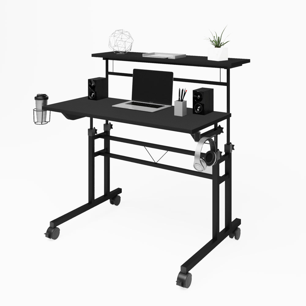 Rolling Writing Desk with Height-Adjustable Desktop | Moveable Riser Shelf | Front Locking Wheels | Integrated Cup & Headphone Holders | Carbon Fiber-Like Particle Board Top | 110 lbs Capacity | 5-Year Warranty | Home Office | Black
