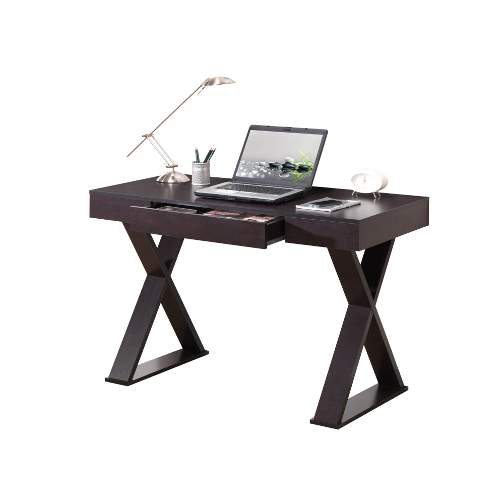 Techni Mobili Trendy Writing Desk with Drawer — Espresso Finish | Stylish X-Shaped Legs | Center Storage Drawer | Heavy-Duty Particle Board Panels | Moisture-Resistant Laminate | Computer Workstation, Drafting Table & Home Office Desk
