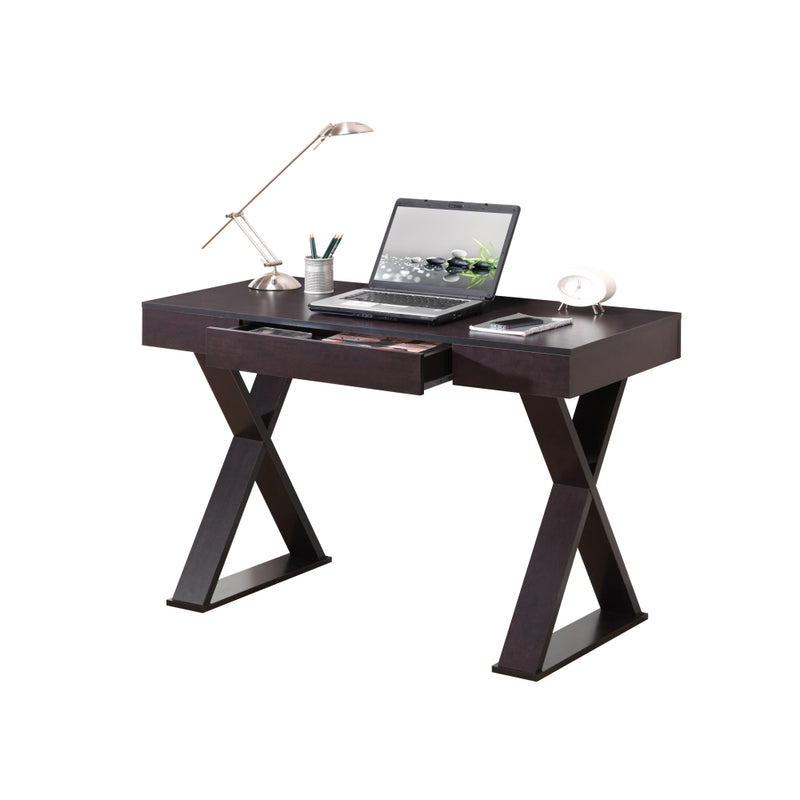 Techni Mobili Trendy Writing Desk with Drawer — Espresso Finish | Stylish X-Shaped Legs | Center Storage Drawer | Heavy-Duty Particle Board Panels | Moisture-Resistant Laminate | Computer Workstation, Drafting Table & Home Office Desk