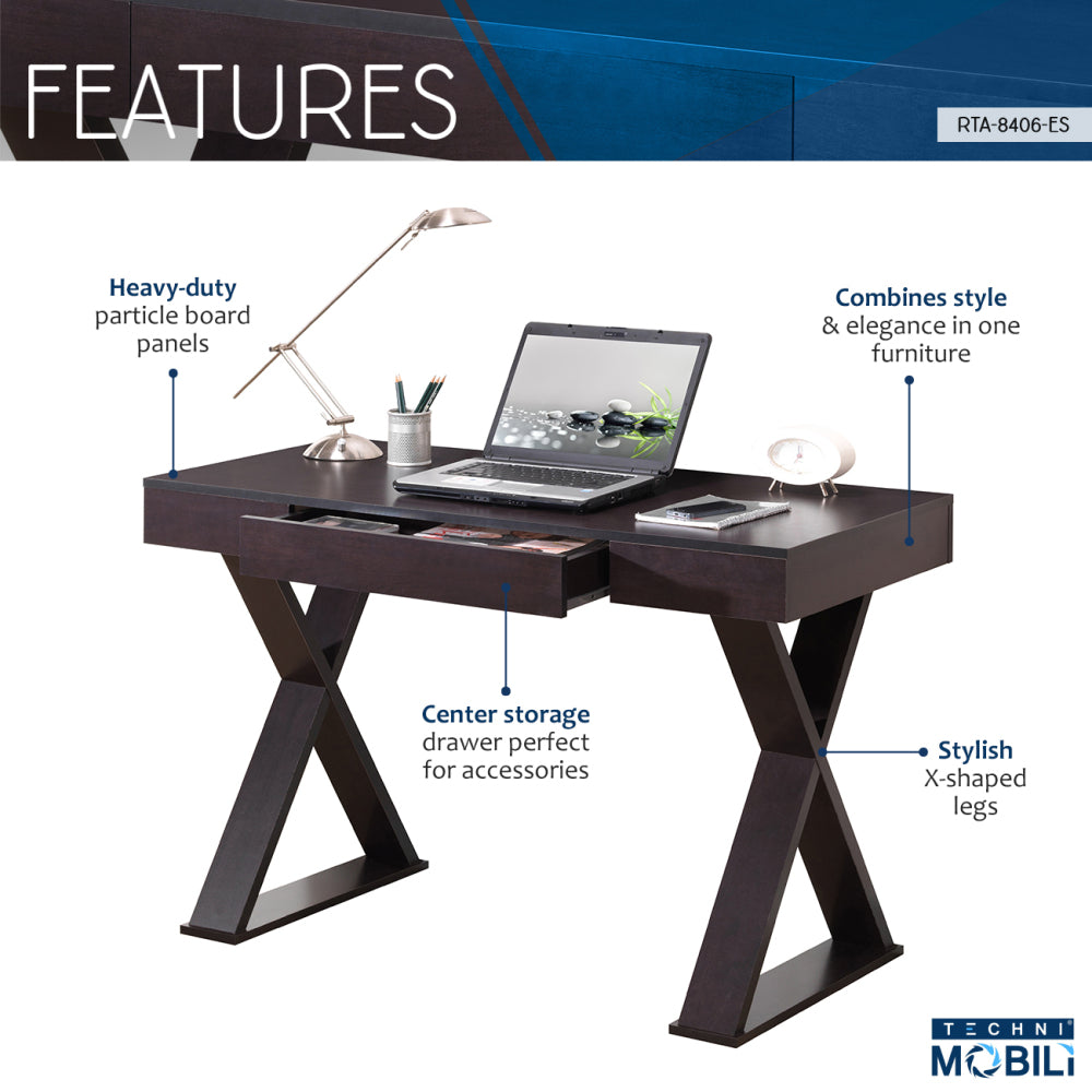 Techni Mobili Trendy Writing Desk with Drawer — Espresso Finish | Stylish X-Shaped Legs | Center Storage Drawer | Heavy-Duty Particle Board Panels | Moisture-Resistant Laminate | Computer Workstation, Drafting Table & Home Office Desk