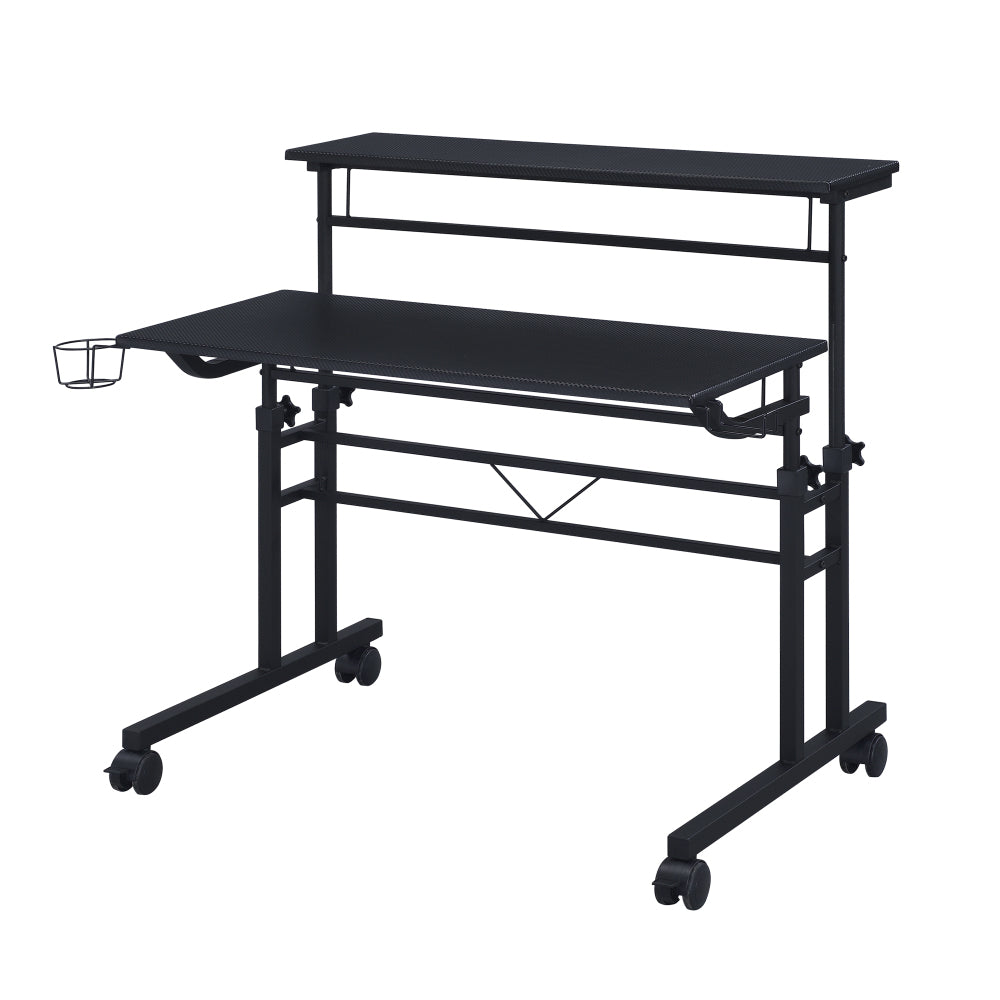 Rolling Writing Desk with Height-Adjustable Desktop | Moveable Riser Shelf | Front Locking Wheels | Integrated Cup & Headphone Holders | Carbon Fiber-Like Particle Board Top | 110 lbs Capacity | 5-Year Warranty | Home Office | Black