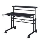Rolling Writing Desk with Height-Adjustable Desktop | Moveable Riser Shelf | Front Locking Wheels | Integrated Cup & Headphone Holders | Carbon Fiber-Like Particle Board Top | 110 lbs Capacity | 5-Year Warranty | Home Office | Black