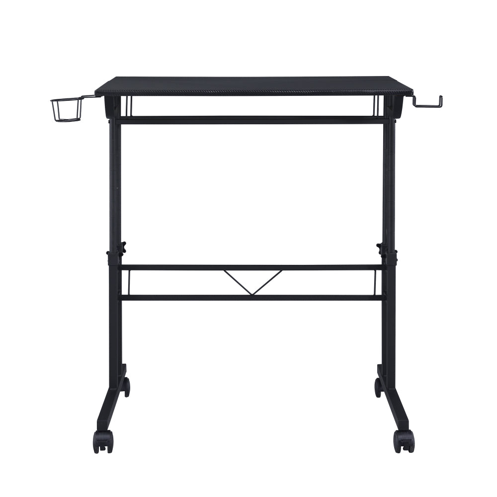 Rolling Writing Desk with Height-Adjustable Desktop | Moveable Riser Shelf | Front Locking Wheels | Integrated Cup & Headphone Holders | Carbon Fiber-Like Particle Board Top | 110 lbs Capacity | 5-Year Warranty | Home Office | Black