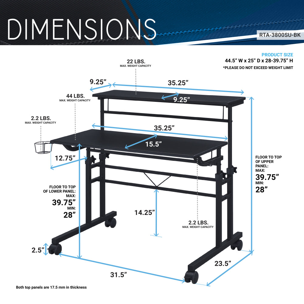 Rolling Writing Desk with Height-Adjustable Desktop | Moveable Riser Shelf | Front Locking Wheels | Integrated Cup & Headphone Holders | Carbon Fiber-Like Particle Board Top | 110 lbs Capacity | 5-Year Warranty | Home Office | Black