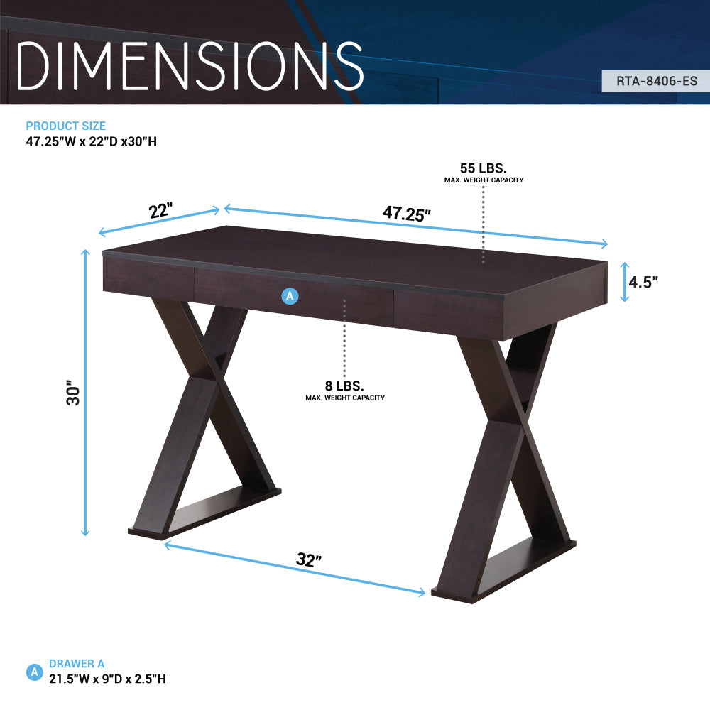 Techni Mobili Trendy Writing Desk with Drawer — Espresso Finish | Stylish X-Shaped Legs | Center Storage Drawer | Heavy-Duty Particle Board Panels | Moisture-Resistant Laminate | Computer Workstation, Drafting Table & Home Office Desk