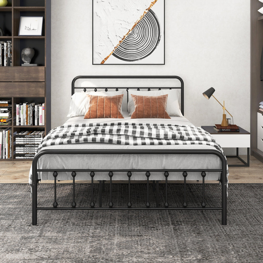 Twin/Full/Queen Size Victorian Metal Platform Bed Frame | Spindle Headboard & Footboard | 13 Slats + 9 Center Legs | 450 lbs | 10.6" Under-Bed Storage | No Box Spring Needed | Black