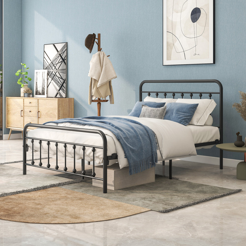 Twin/Full/Queen Size Victorian Metal Platform Bed Frame | Spindle Headboard & Footboard | 13 Slats + 9 Center Legs | 450 lbs | 10.6" Under-Bed Storage | No Box Spring Needed | Black