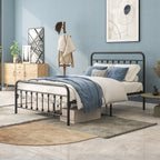 Twin/Full/Queen Size Victorian Metal Platform Bed Frame | Spindle Headboard & Footboard | 13 Slats + 9 Center Legs | 450 lbs | 10.6" Under-Bed Storage | No Box Spring Needed | Black