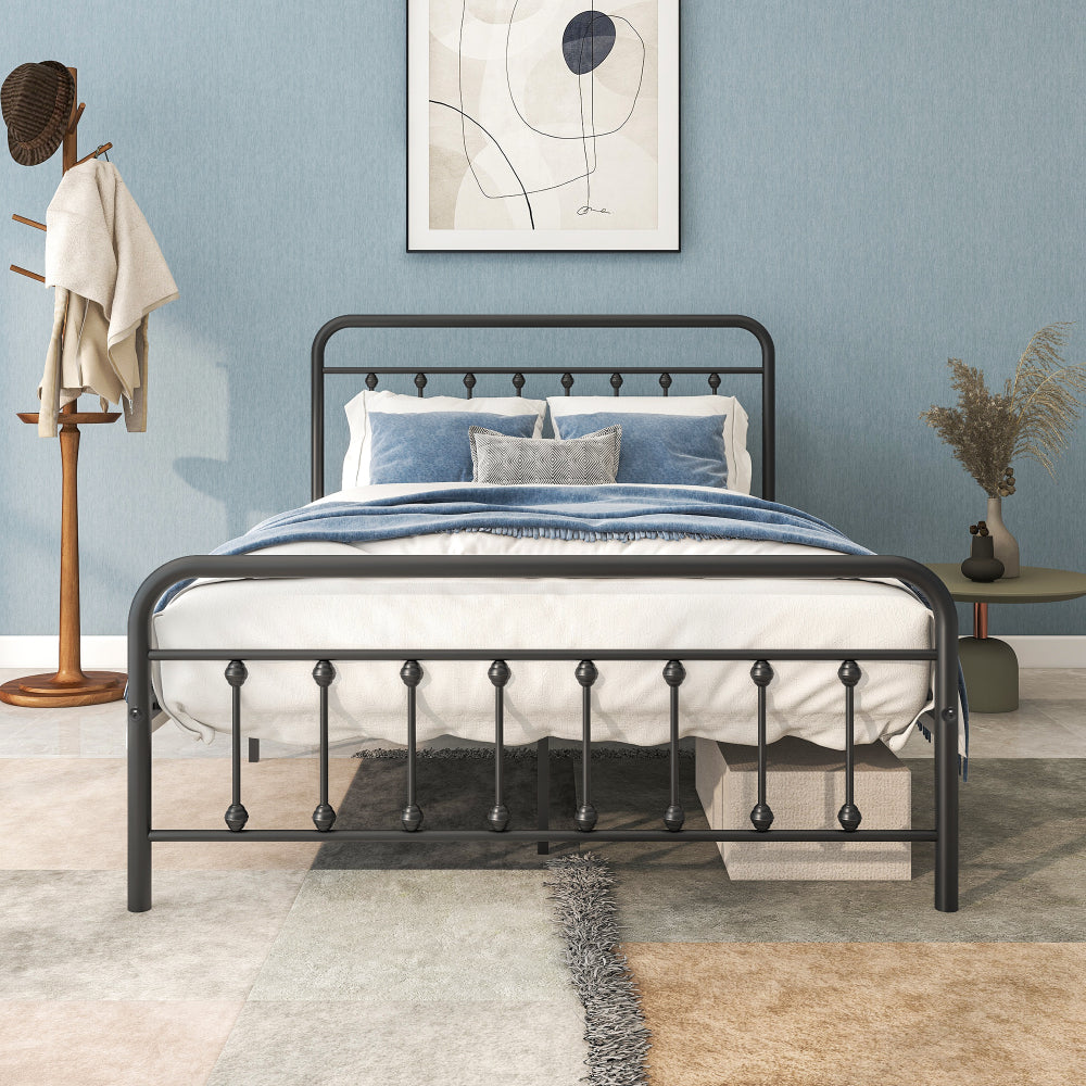 Twin/Full/Queen Size Victorian Metal Platform Bed Frame | Spindle Headboard & Footboard | 13 Slats + 9 Center Legs | 450 lbs | 10.6" Under-Bed Storage | No Box Spring Needed | Black