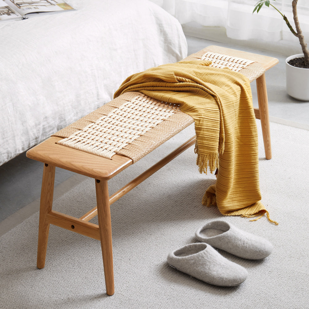 Woven Design Natural Oak Wood Dining Bench Bed