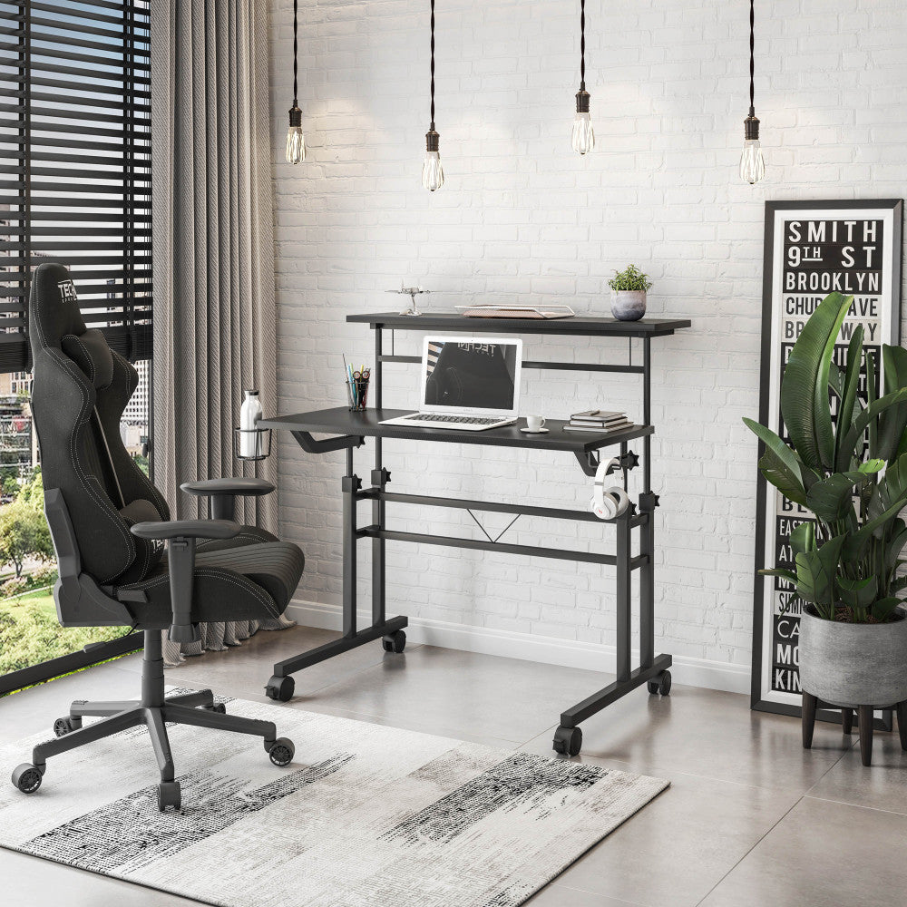 Rolling Writing Desk with Height-Adjustable Desktop | Moveable Riser Shelf | Front Locking Wheels | Integrated Cup & Headphone Holders | Carbon Fiber-Like Particle Board Top | 110 lbs Capacity | 5-Year Warranty | Home Office | Black