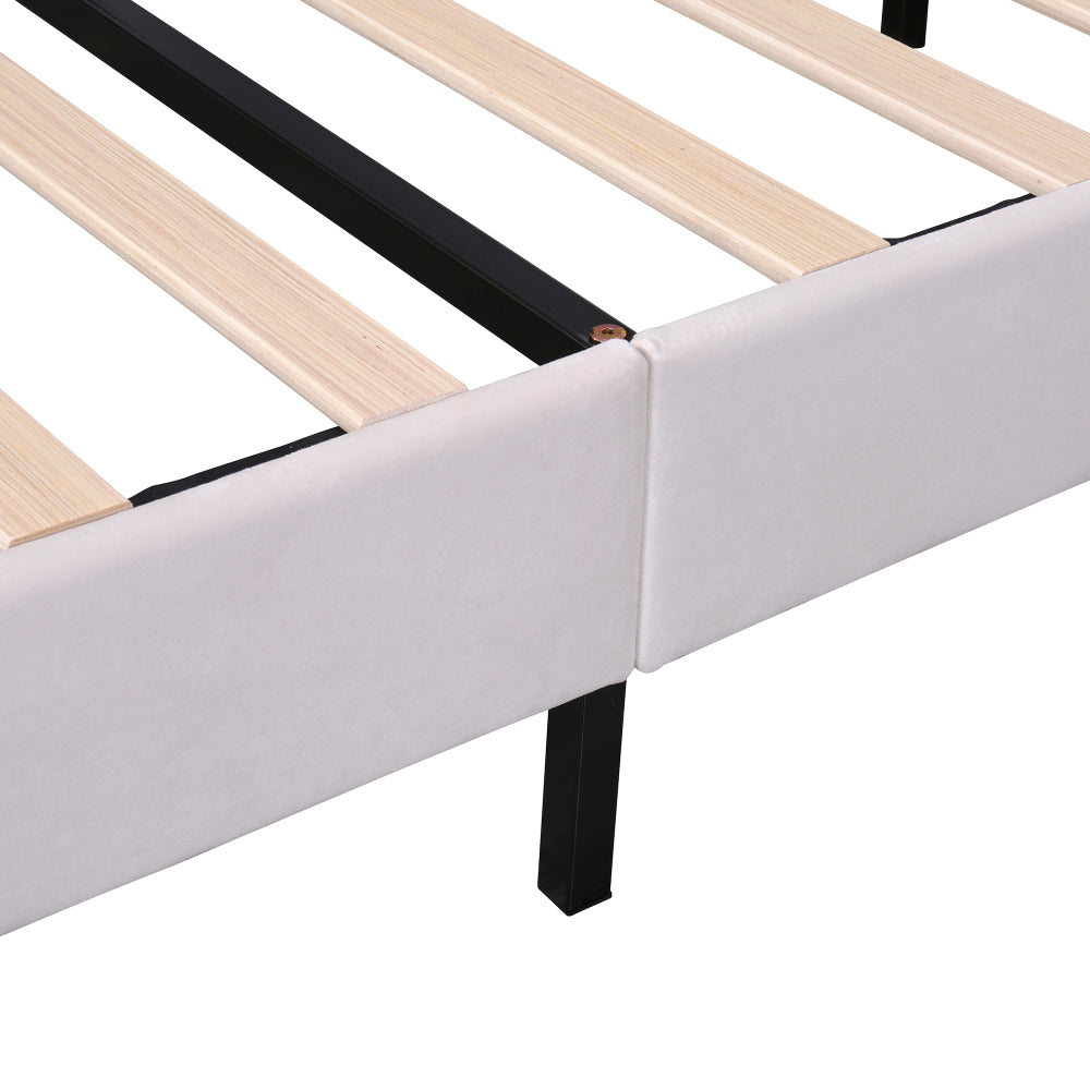 Full/Queen Size Velvet Platform Bed | Flower Pattern Scalloped Headboard | 12 Wood Slats | 600 lbs | Solid Plywood Frame | No Box Spring Needed | Beige/Red Bean Paste
