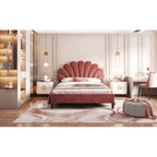 Full/Queen Size Velvet Platform Bed | Flower Pattern Scalloped Headboard | 12 Wood Slats | 600 lbs | Solid Plywood Frame | No Box Spring Needed | Beige/Red Bean Paste