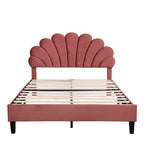 Full/Queen Size Velvet Platform Bed | Flower Pattern Scalloped Headboard | 12 Wood Slats | 600 lbs | Solid Plywood Frame | No Box Spring Needed | Beige/Red Bean Paste