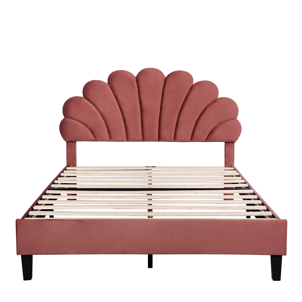 Full/Queen Size Velvet Platform Bed | Flower Pattern Scalloped Headboard | 12 Wood Slats | 600 lbs | Solid Plywood Frame | No Box Spring Needed | Beige/Red Bean Paste
