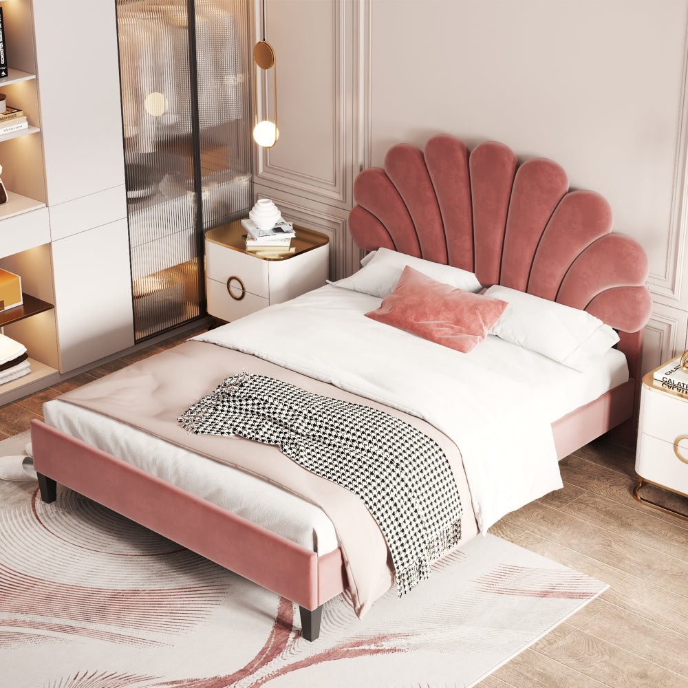 Full/Queen Size Velvet Platform Bed | Flower Pattern Scalloped Headboard | 12 Wood Slats | 600 lbs | Solid Plywood Frame | No Box Spring Needed | Beige/Red Bean Paste