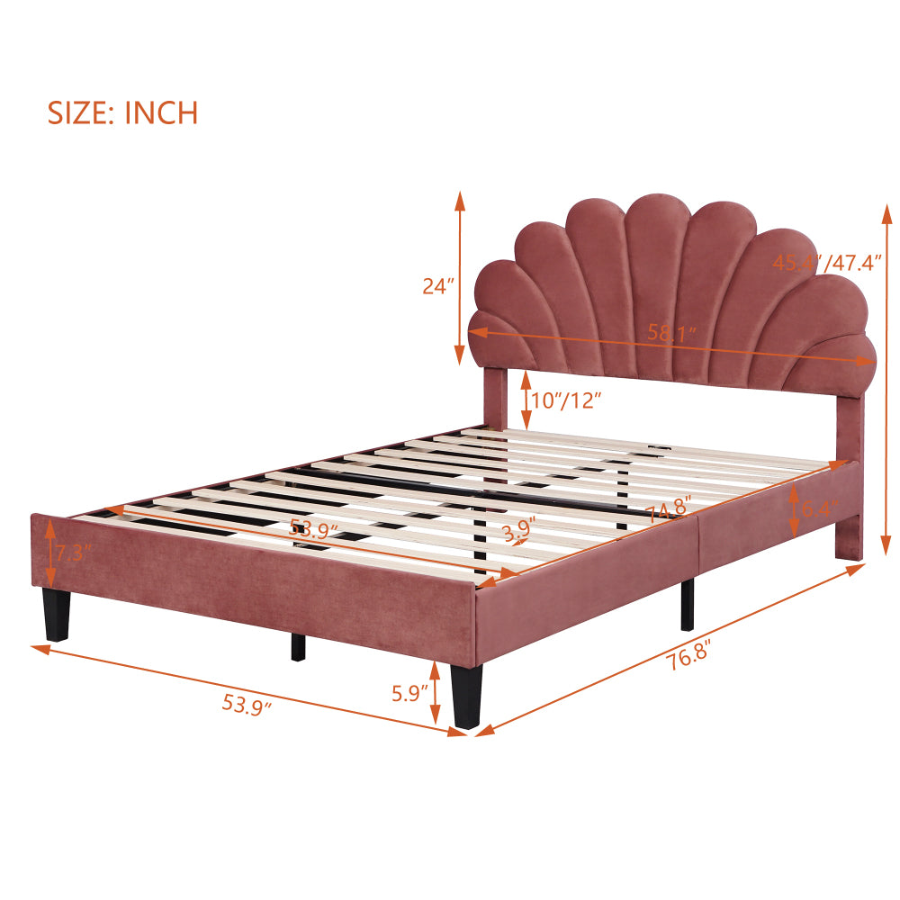 Full/Queen Size Velvet Platform Bed | Flower Pattern Scalloped Headboard | 12 Wood Slats | 600 lbs | Solid Plywood Frame | No Box Spring Needed | Beige/Red Bean Paste