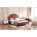 Full/Queen Size Velvet Platform Bed | Flower Pattern Scalloped Headboard | 12 Wood Slats | 600 lbs | Solid Plywood Frame | No Box Spring Needed | Beige/Red Bean Paste