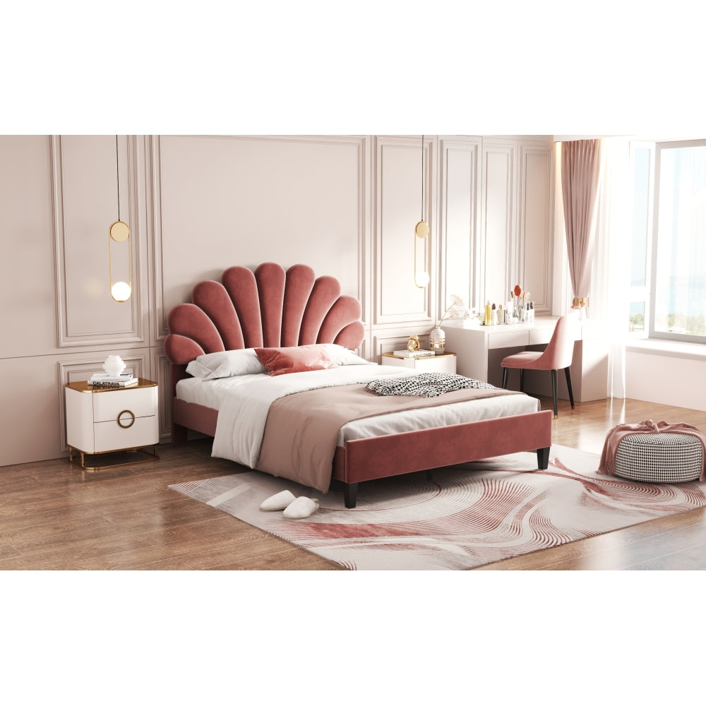 Full/Queen Size Velvet Platform Bed | Flower Pattern Scalloped Headboard | 12 Wood Slats | 600 lbs | Solid Plywood Frame | No Box Spring Needed | Beige/Red Bean Paste
