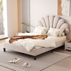 Full/Queen Size Velvet Platform Bed | Flower Pattern Scalloped Headboard | 12 Wood Slats | 600 lbs | Solid Plywood Frame | No Box Spring Needed | Beige/Red Bean Paste