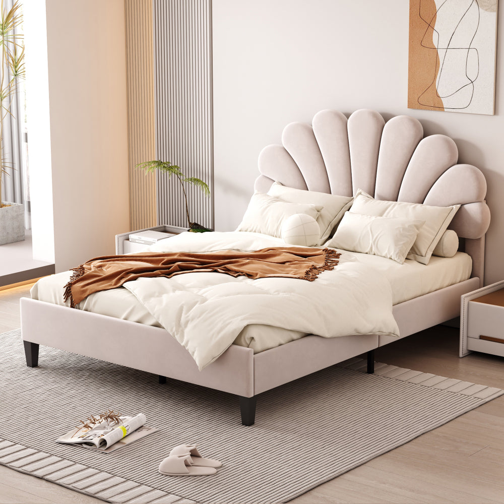 Full/Queen Size Velvet Platform Bed | Flower Pattern Scalloped Headboard | 12 Wood Slats | 600 lbs | Solid Plywood Frame | No Box Spring Needed | Beige/Red Bean Paste