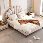 Full/Queen Size Velvet Platform Bed | Flower Pattern Scalloped Headboard | 12 Wood Slats | 600 lbs | Solid Plywood Frame | No Box Spring Needed | Beige/Red Bean Paste