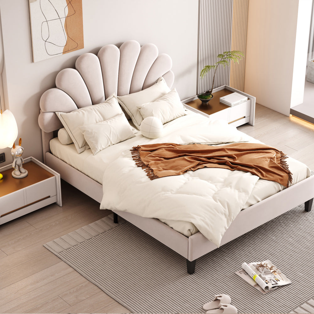 Full/Queen Size Velvet Platform Bed | Flower Pattern Scalloped Headboard | 12 Wood Slats | 600 lbs | Solid Plywood Frame | No Box Spring Needed | Beige/Red Bean Paste