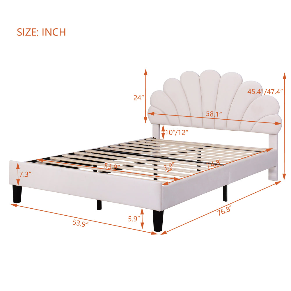 Full/Queen Size Velvet Platform Bed | Flower Pattern Scalloped Headboard | 12 Wood Slats | 600 lbs | Solid Plywood Frame | No Box Spring Needed | Beige/Red Bean Paste