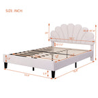 Full/Queen Size Velvet Platform Bed | Flower Pattern Scalloped Headboard | 12 Wood Slats | 600 lbs | Solid Plywood Frame | No Box Spring Needed | Beige/Red Bean Paste
