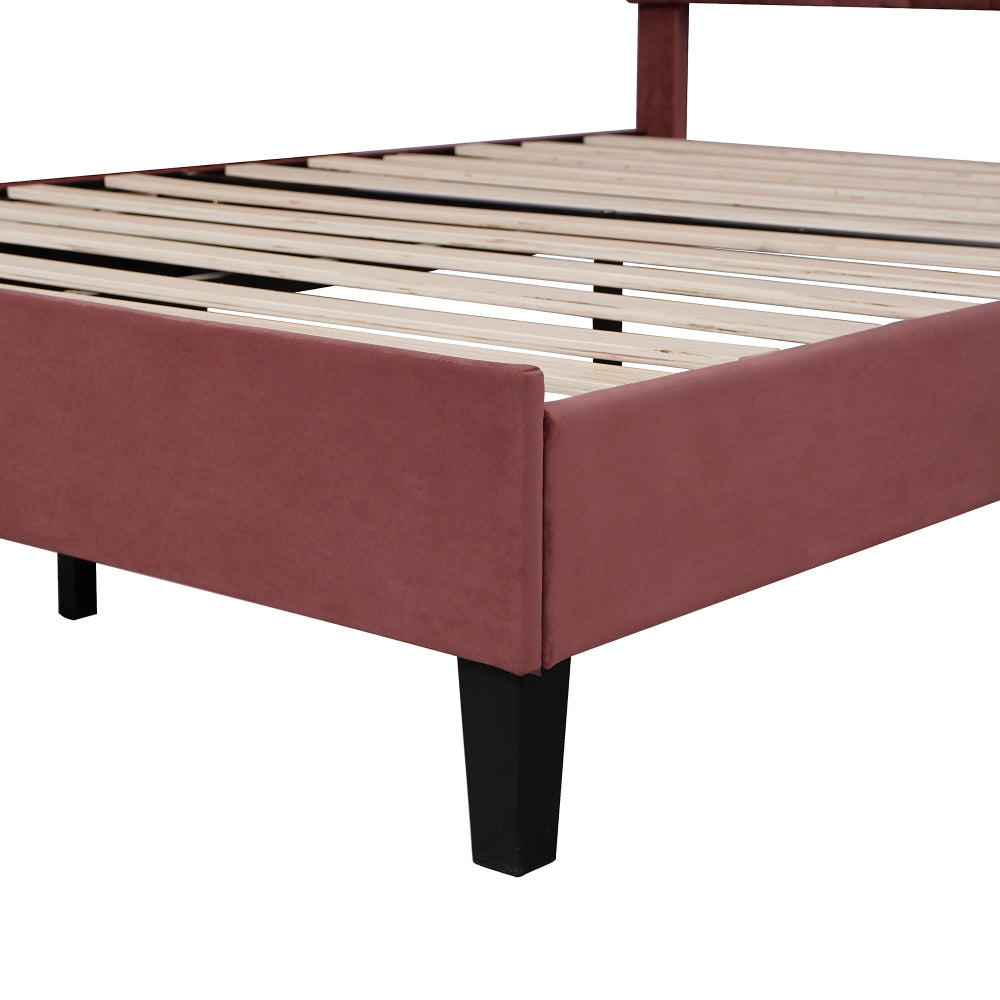 Full/Queen Size Velvet Platform Bed | Flower Pattern Scalloped Headboard | 12 Wood Slats | 600 lbs | Solid Plywood Frame | No Box Spring Needed | Beige/Red Bean Paste