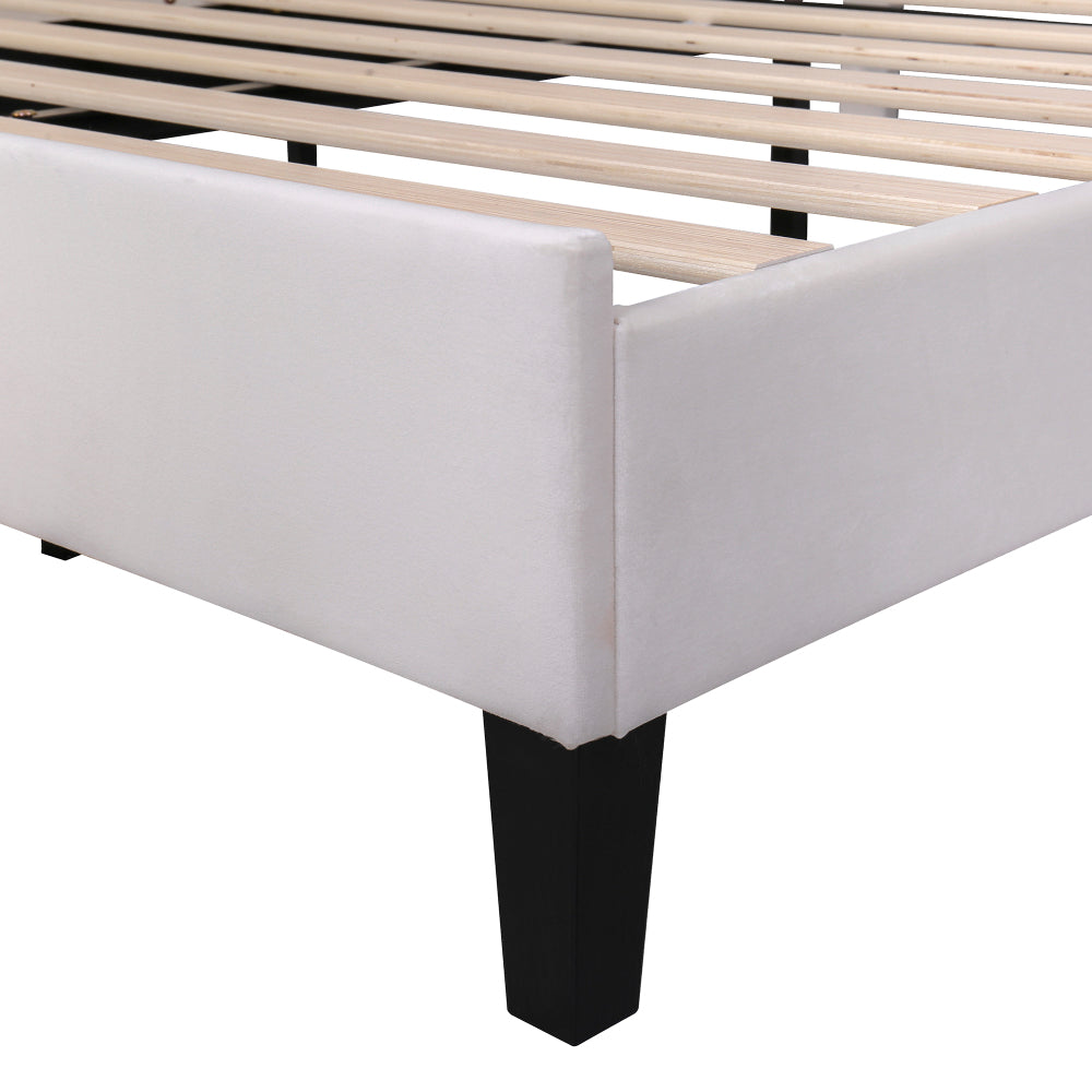 Full/Queen Size Velvet Platform Bed | Flower Pattern Scalloped Headboard | 12 Wood Slats | 600 lbs | Solid Plywood Frame | No Box Spring Needed | Beige/Red Bean Paste