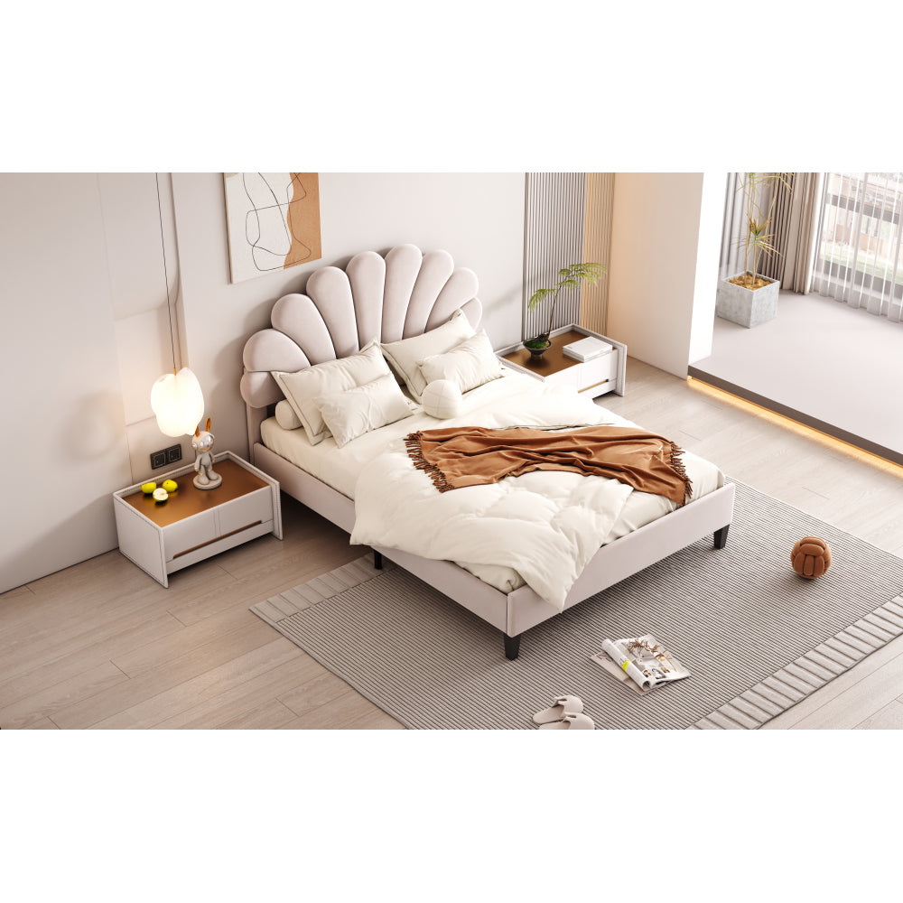 Full/Queen Size Velvet Platform Bed | Flower Pattern Scalloped Headboard | 12 Wood Slats | 600 lbs | Solid Plywood Frame | No Box Spring Needed | Beige/Red Bean Paste