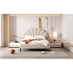 Full/Queen Size Velvet Platform Bed | Flower Pattern Scalloped Headboard | 12 Wood Slats | 600 lbs | Solid Plywood Frame | No Box Spring Needed | Beige/Red Bean Paste