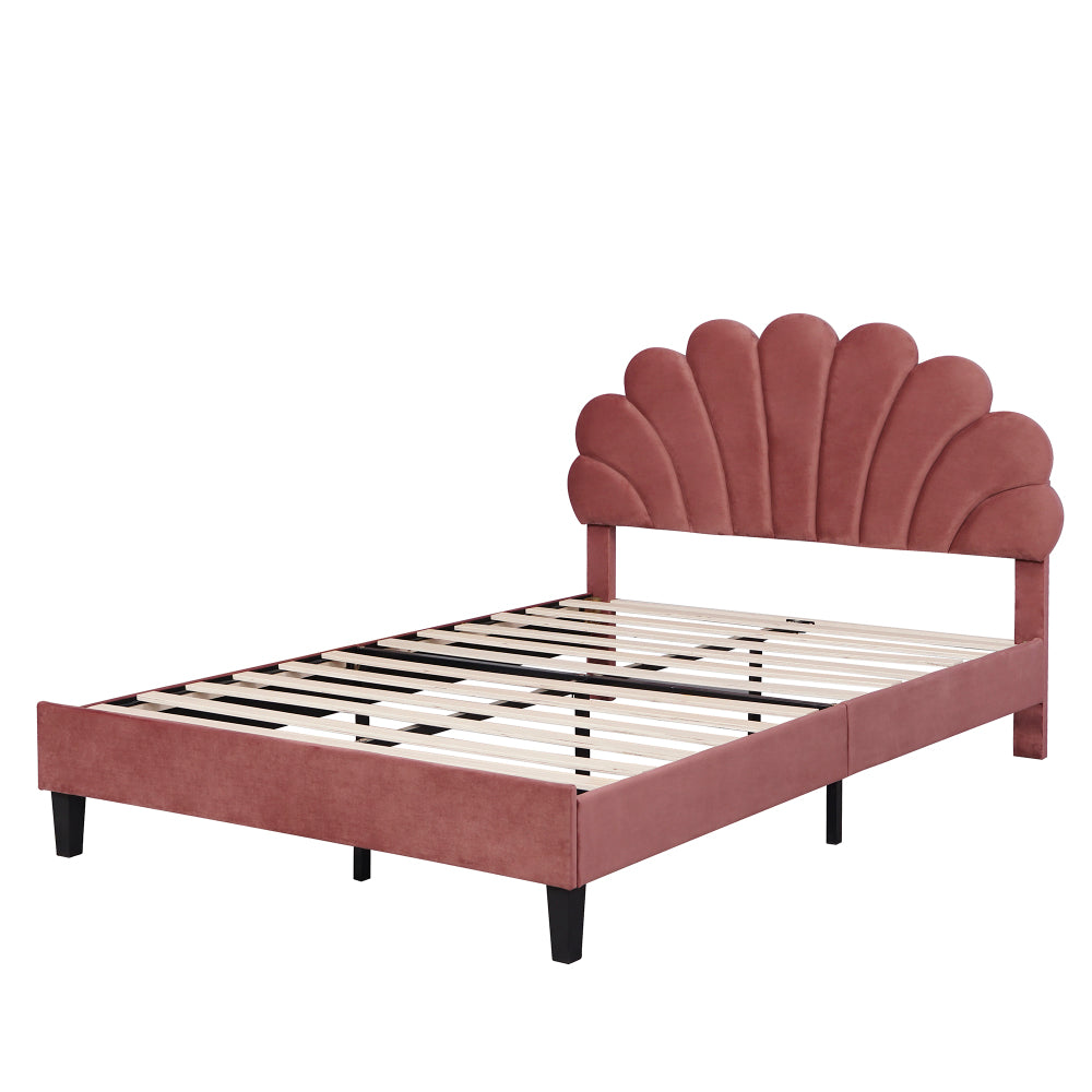 Full/Queen Size Velvet Platform Bed | Flower Pattern Scalloped Headboard | 12 Wood Slats | 600 lbs | Solid Plywood Frame | No Box Spring Needed | Beige/Red Bean Paste