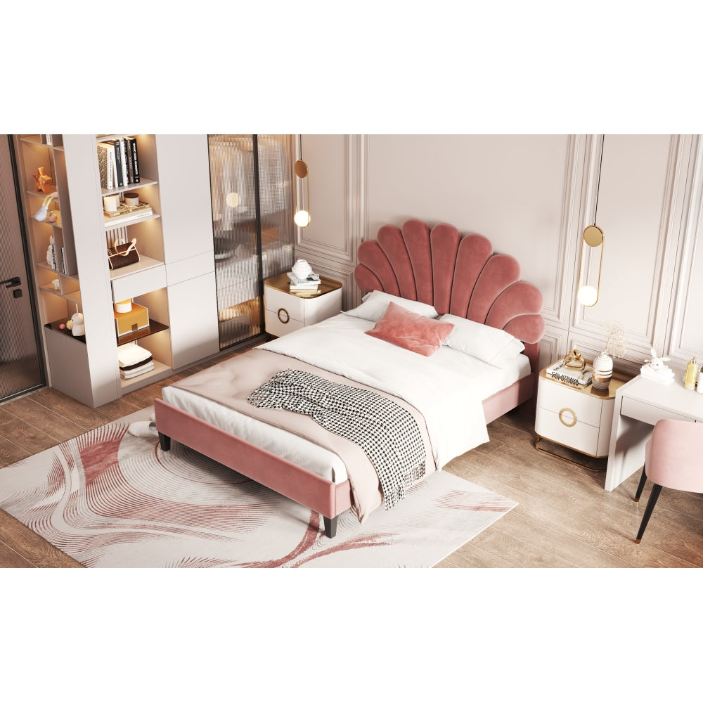 Full/Queen Size Velvet Platform Bed | Flower Pattern Scalloped Headboard | 12 Wood Slats | 600 lbs | Solid Plywood Frame | No Box Spring Needed | Beige/Red Bean Paste