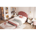 Full/Queen Size Velvet Platform Bed | Flower Pattern Scalloped Headboard | 12 Wood Slats | 600 lbs | Solid Plywood Frame | No Box Spring Needed | Beige/Red Bean Paste