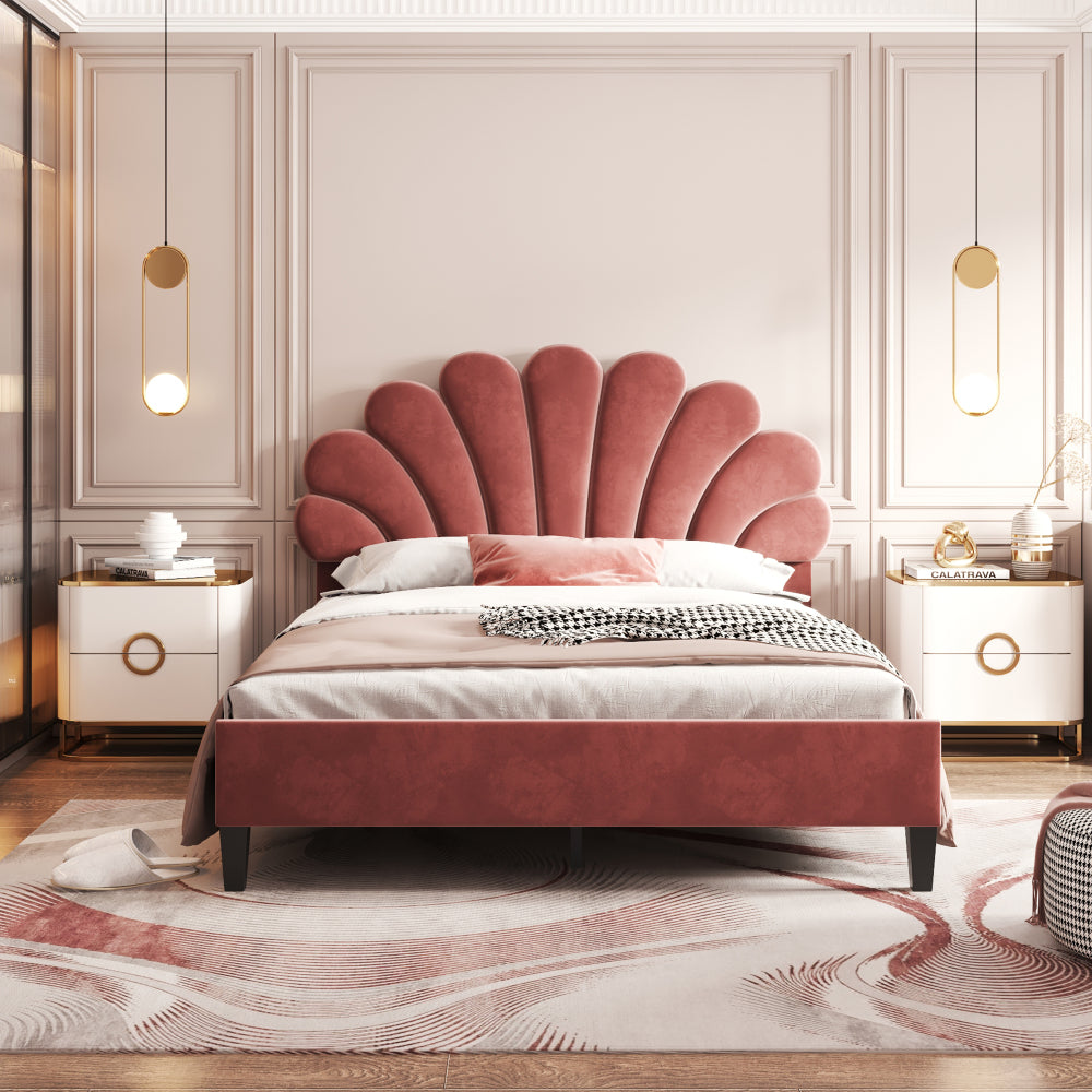 Full/Queen Size Velvet Platform Bed | Flower Pattern Scalloped Headboard | 12 Wood Slats | 600 lbs | Solid Plywood Frame | No Box Spring Needed | Beige/Red Bean Paste